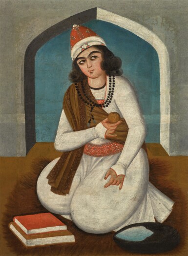 View full screen - View 1 of Lot 66. A SEATED DERVISH, POSSIBLY NUR ‘ALI SHAH, PERSIA, QAJAR, EARLY 19TH CENTURY.