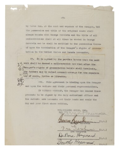 View full screen - View 1 of Lot 86. GEORGE GERSHWIN | Contract signed by Gershwin and others for the original production of Porgy and Bess.