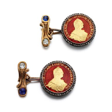 View full screen - View 1 of Lot 1276. A pair of Fabergé jewelled varicoloured gold and guilloché enamel cufflinks, Moscow, circa 1890.