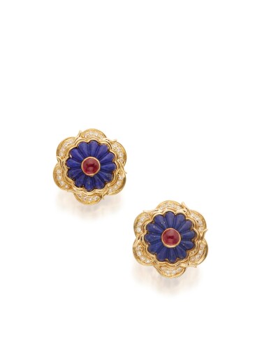 View full screen - View 1 of Lot 70. PAIR OF LAPIS LAZULI, RUBY AND DIAMOND EARCLIPS, HARRY WINSTON.