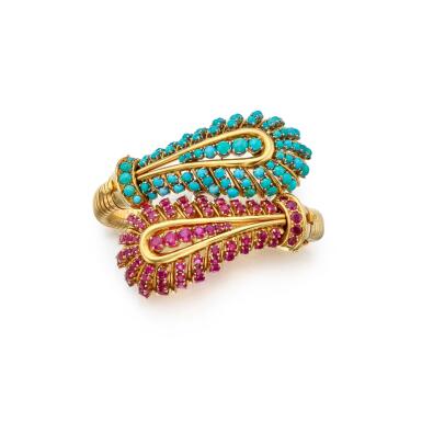 View full screen - View 1 of Lot 129. Gold, Turquoise and Ruby Bracelet.