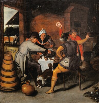 View full screen - View 1 of Lot 9. MARTEN VAN CLEVE THE ELDER | PEASANTS FEEDING SPANISH SOLDIERS DURING THE SIEGE OF ANTWERP.