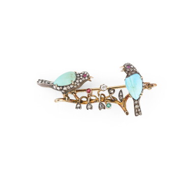View full screen - View 1 of Lot 12. BROCHE TURQUOISE ET DIAMANTS | TURQUOISE AND DIAMOND BROOCH.