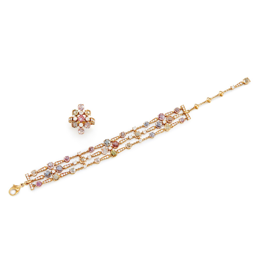 View full screen - View 1 of Lot 1750. 'Rosette' Coloured Sapphire and Diamond Bracelet and Ring | 寶格麗 | 'Rosette' 寳石 配 鑽石 手鏈 及 戒指.