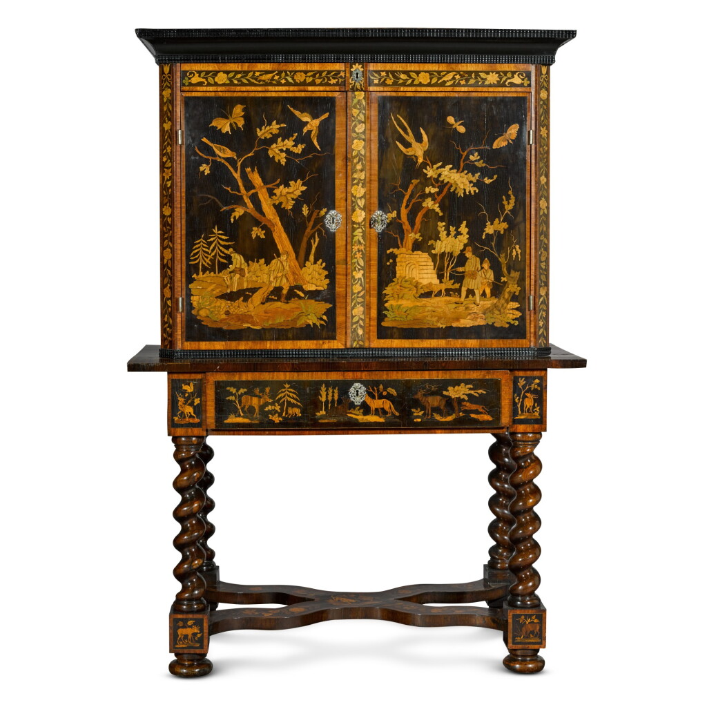 View full screen - View 1 of Lot 171. A mahogany, ebony and rosewood marquetry cabinet-on-stand, second quarter 19th century.