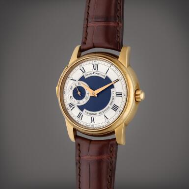 View full screen - View 1 of Lot 386. Reference 995550.0.51.1530 Golden Bridges Tourbillon Repetition Minutes | An extremely rare yellow gold minute repeating tourbillon wristwatch, Circa 1995.