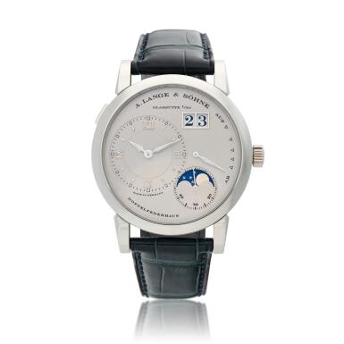 View full screen - View 1 of Lot 195. Reference 109.025 Lange 1 Moonphase, A platinum wristwatch with date, power reserve and moon phases, Circa 2003.