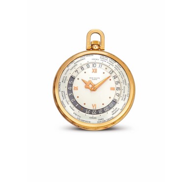 View full screen - View 1 of Lot 2086. PATEK PHILIPPE | REFERENCE 605, A PINK GOLD WORLD TIME OPEN FACE WATCH, MADE IN 1964 | 百達翡麗 | "型號605 粉紅金世界時間懷錶,機芯編號931112,錶殼編號2622963,1964年製".