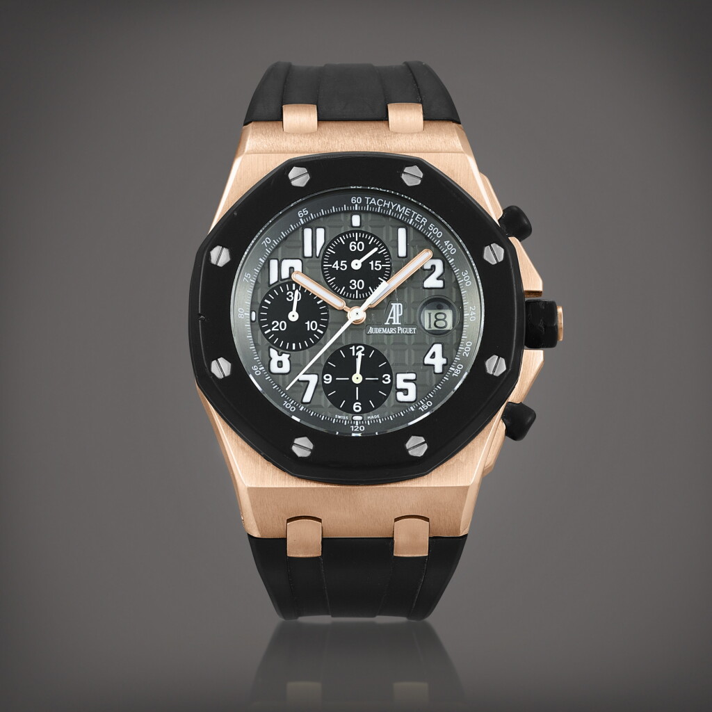 View full screen - View 1 of Lot 785. Royal Oak Offshore, Reference 25940OK.OO.D002CA.01 | A pink gold chronograph wristwatch with date, Circa 2005 | 愛彼 | 皇家橡樹離岸型系列 型號25940OK.OO.D002CA.01 | 粉紅金計時腕錶,備日期顯示,約2005年製.