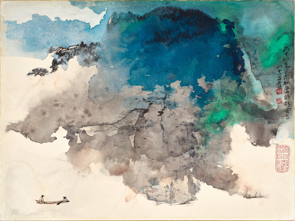 View full screen - View 1 of Lot 3052. 張大千 春水扁舟 | Chang Dai-chien, Boating by Lush Mountains.