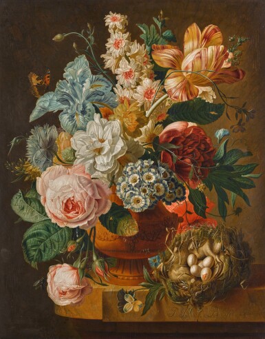 View full screen - View 1 of Lot 179. PAUL THEODOR VAN BRUSSEL | Still life of roses, an iris, a tulip and other flowers in an urn, on a stone ledge with a butterfly and a bird's nest.