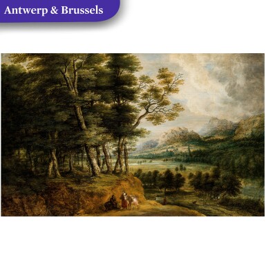 View full screen - View 1 of Lot 5. Extensive wooded landscape, drovers with their cattle in the foreground.