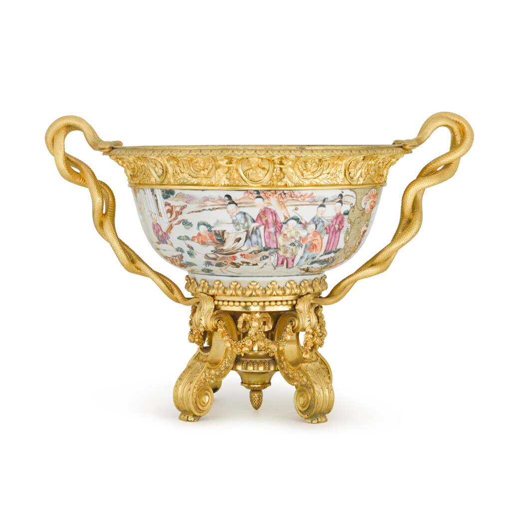 View full screen - View 1 of Lot 32. A French gilt-bronze mounted Chinese porcelain punch bowl, the mounts late 19th century, the porcelain Qing dynasty, Qianlong period, circa 1785.