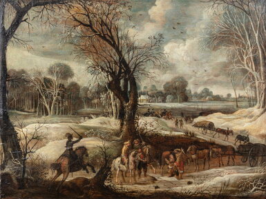 View full screen - View 1 of Lot 712. Bandits with a wagon train in a winter landscape.