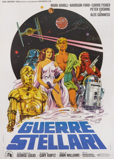 View full screen - View 1 of Lot 24. STAR WARS/GUERRE STELLARI, ITALIAN RELEASE POSTER, MICHELANGELO PAPUZZA, 1977.