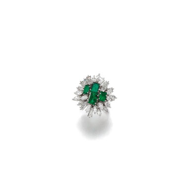 View full screen - View 1 of Lot 50. EMERALD AND DIAMOND RING, 1960S.