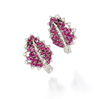 View full screen - View 1 of Lot 52. Pair of ruby and diamond earrings (Paio di orecchini in rubini e diamanti).