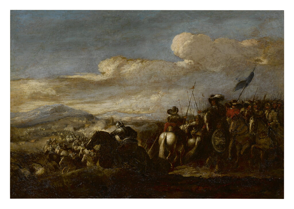 View full screen - View 1 of Lot 267. CIRCLE OF JACQUES COURTOIS, CALLED BORGOGNONE | A BATTLE SCENE IN AN EXTENDED LANDSCAPE.