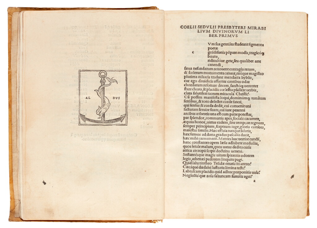 View full screen - View 1 of Lot 149. Poetae Christiani veteres, Venice, Aldus, 1501-1504, 3 volumes, calf and vellum bindings.