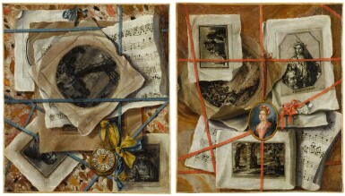 View full screen - View 1 of Lot 80. ITALIAN SCHOOL, CIRCA 1800 | A trompe l'œil with prints, musical scores and a watch; and A trompe l'œil with prints, musical scores and a portrait miniature of a lady.