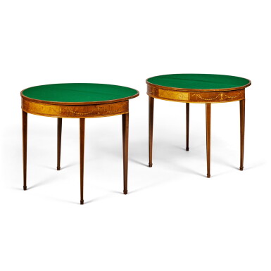 View full screen - View 1 of Lot 522. A Pair of George III Inlaid Satinwood Folding Elliptical Games Tables, Circa 1790 .