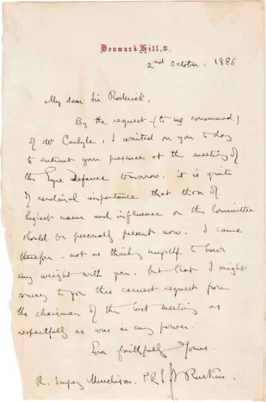 View full screen - View 1 of Lot 115. John Ruskin | Autograph letter signed, to Roderick Murchison, 2 October 1866.