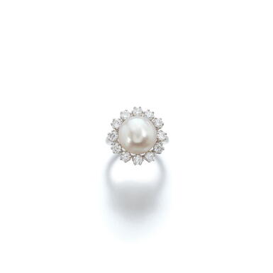 View full screen - View 1 of Lot 810. Natural pearl and diamond ring.