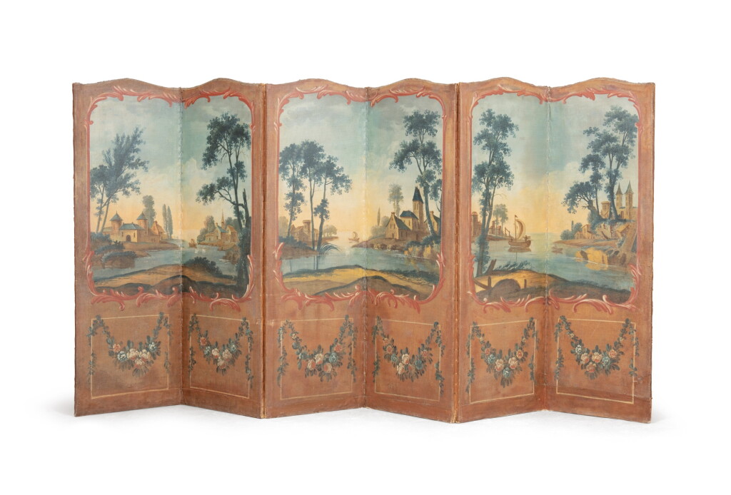 View full screen - View 1 of Lot 75. A six-leaf folding screen with village views by the sea, France, 18th century .