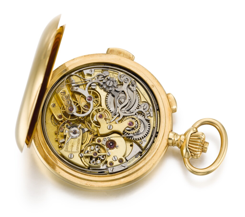 View full screen - View 1 of Lot 92. SWISS | A GOLD QUARTER REPEATING HUNTING CASED CHRONOGRAPH WATCH WITH REGISTER CIRCA 1900.