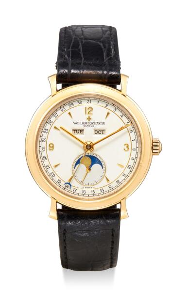 View full screen - View 1 of Lot 8057. VACHERON CONSTANTIN | REFERENCE 37150, A YELLOW GOLD TRIPLE CALENDAR WRISTWATCH WITH MOON PHASES, CIRCA 1995.
