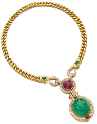 View full screen - View 1 of Lot 108. BULGARI | EMERALD, RUBY AND DIAMOND NECKLACE.