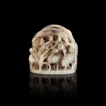 A reticulated white and grey jade 'egret' finial, Yuan - Ming dynasty 元至明 灰白玉鏤雕路路連科圖冠頂