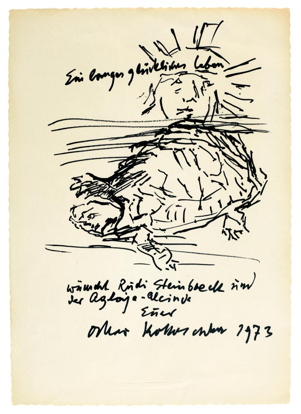 View full screen - View 1 of Lot 24. Kokoschka, Autograph drawing inscribed to Rudolf Steinboeck, 1973.