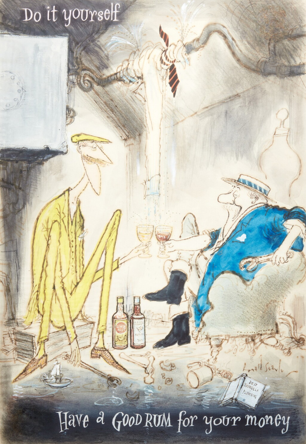 View full screen - View 1 of Lot 153. Ronald Searle | "Do it yourself, have a good rum for your money", pen ink and watercolour with bodycolour, framed and glazed.