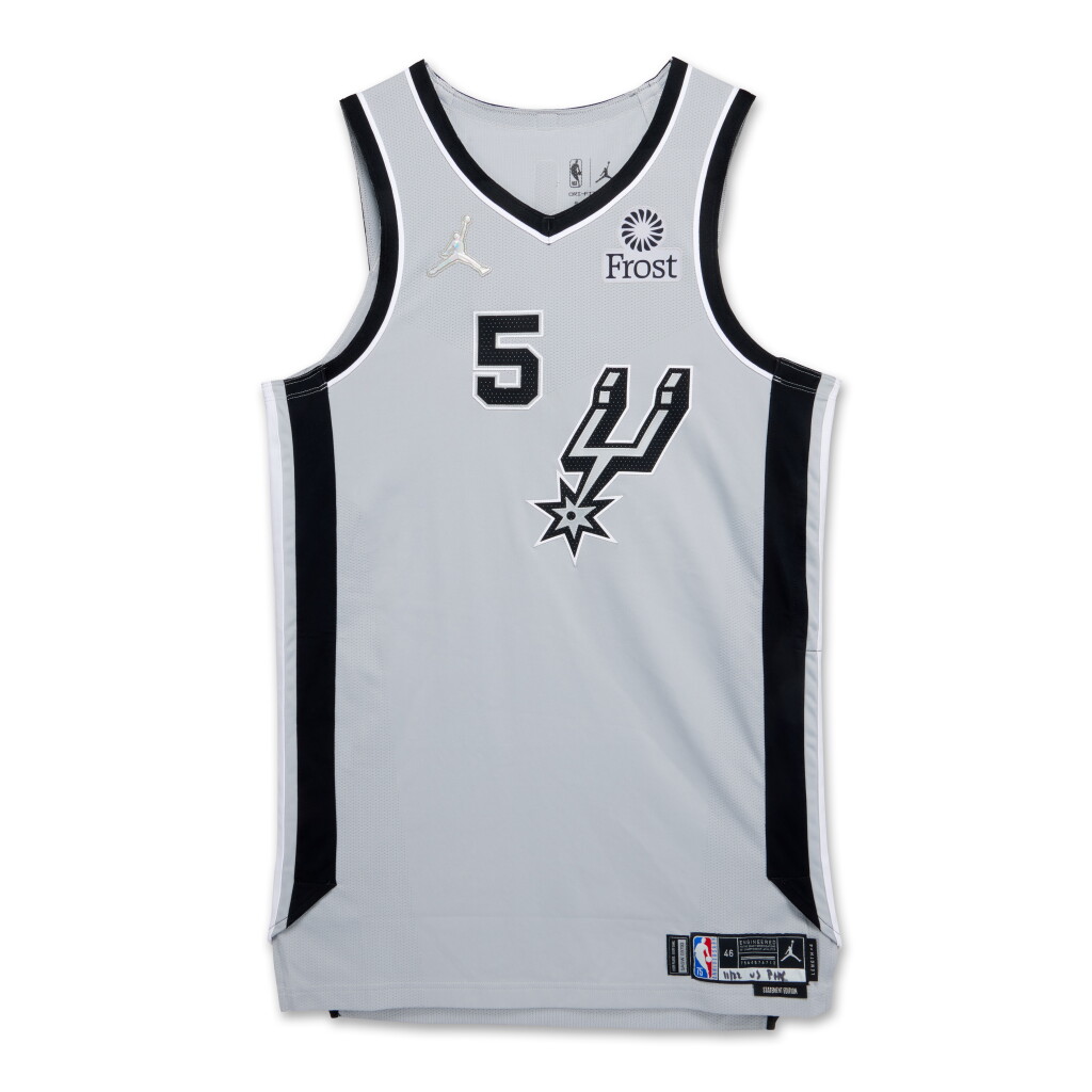 View full screen - View 1 of Lot 12. Dejounte Murray San Antonio Spurs 2021-2022 Game Worn Statement Edition Jersey | Triple-Double.