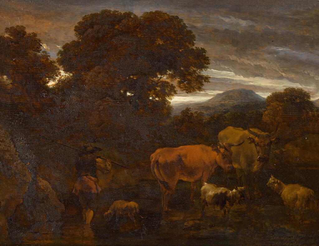 View full screen - View 1 of Lot 50. NICOLAES PIETERSZ. BERCHEM | WOODED LANDSCAPE WITH A SHEPHERD AND HIS CATTLE FORDING A STREAM.