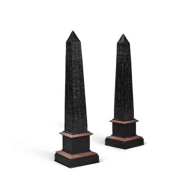 View full screen - View 1 of Lot 194. A Pair of Large Grand Tour Incised Black Marble and Scagliola Obelisks, Probably French, Circa 1860.