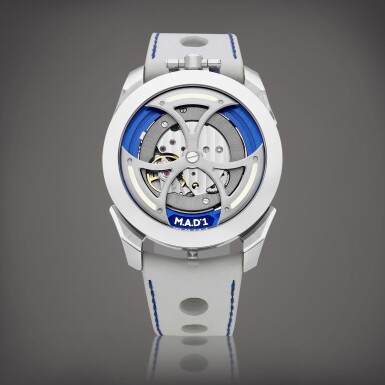 View full screen - View 1 of Lot 2169. M.A.D.1 | A stainless steel semi-skeletonised wristwatch with lateral time display and triple-blade winding rotor, Made in collaboration with MB&F, Circa 2021 | M.A.D.1 | 精鋼半鏤空腕錶,備橫向時間顯示及三葉擺陀,與 MB&F 合製,約2021年製.