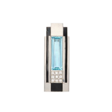 View full screen - View 1 of Lot 199. Raymond Templier | Aquamarine, Enamel and Diamond Brooch, France 海水藍寶配琺瑯及鑽石別針,法國.