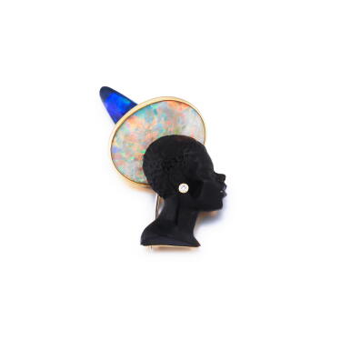 View full screen - View 1 of Lot 102. Opal, wood, amber and diamond brooch.
