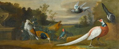 View full screen - View 1 of Lot 46. TOBIAS STRANOVER | Two ruffs, a parakeet, a pheasant, a magpie and a pigeon on a stone wall in a park.