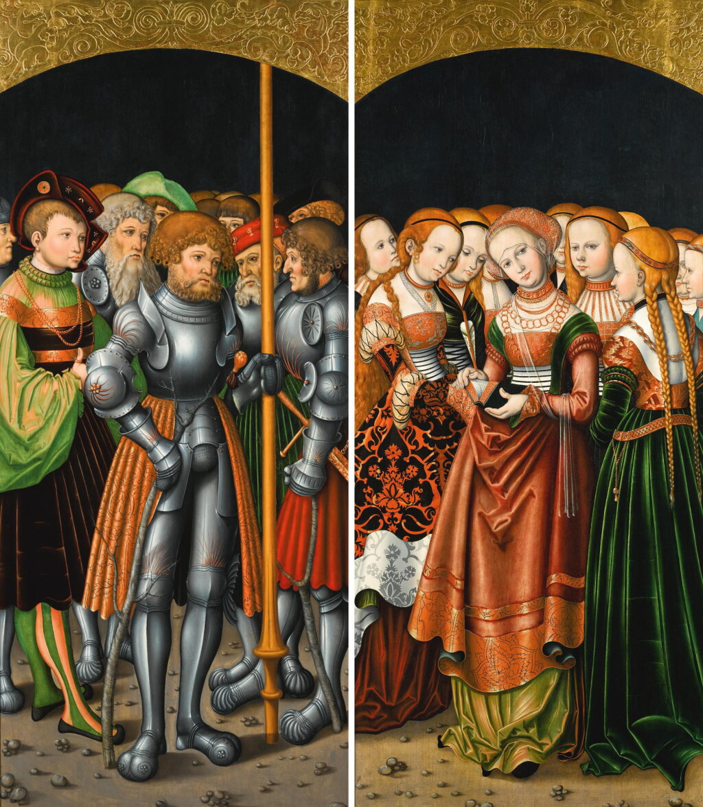View full screen - View 1 of Lot 3. SIMON FRANCK | Wings from an altarpiece: Saint Achatius with a train of knights and nobles; and Saint Ursula with an entourage of maidens | 西蒙・弗蘭克 | | 祭壇畫翼屏:《聖阿加爵與一隊騎士和貴族》及《聖烏爾蘇拉與隨行的未婚女子》.