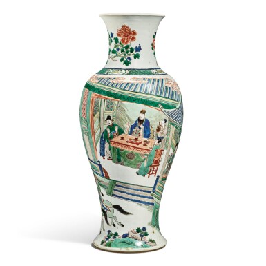 View full screen - View 1 of Lot 141. A famille-verte baluster vase, Qing dynasty, Kangxi period | 清康熙 五彩人物故事圖瓶.