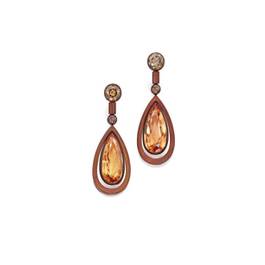 View full screen - View 1 of Lot 213. Pair of Copper, Topaz and Colored Diamond Pendant-Earclips.