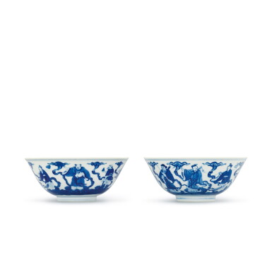 View full screen - View 1 of Lot 302. A fine pair of blue and white 'Eight Immortals' bowls Seal marks and period of Daoguang | 清道光 青花八仙過海圖盌一對 《大清道光年製》款.
