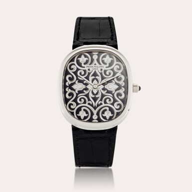 View full screen - View 1 of Lot 207. Reference 5738/51G-001 Ellipse 'Rare Handcrafts' | A white gold wristwatch with hand-engraved black enamel dial, Circa 2022.