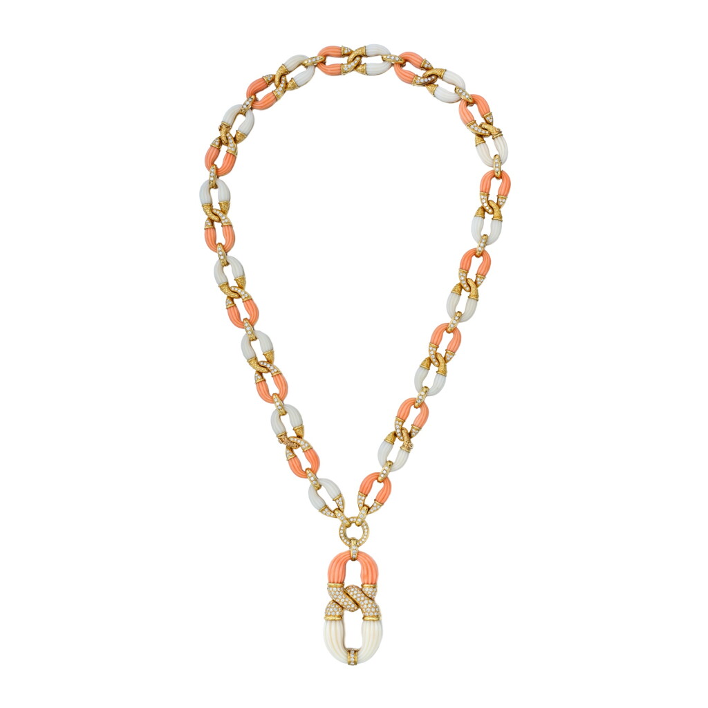 View full screen - View 1 of Lot 12. Gold, Coral and Diamond Necklace-Bracelet Combination, France.