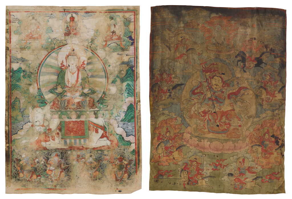 View full screen - View 1 of Lot 106. Two thangkas depicting Vaishravana and Samantabhadra, Tibet, 18th / 19th century | 西藏 十八至十九世紀 多聞天王唐卡 及 普賢菩薩唐卡 設色布本.