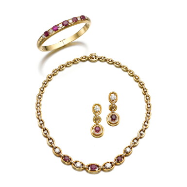View full screen - View 1 of Lot 396. Ruby and diamond demi-parure and a bangle.