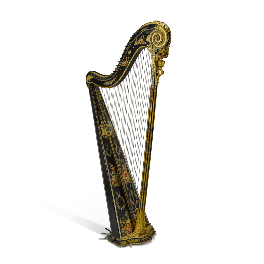 View full screen - View 1 of Lot 27. A Louis XVI silvered, parcel-gilt and polychrome vernis martin single-action harp, by Godefroy Holtzmann, Paris, circa 1780.